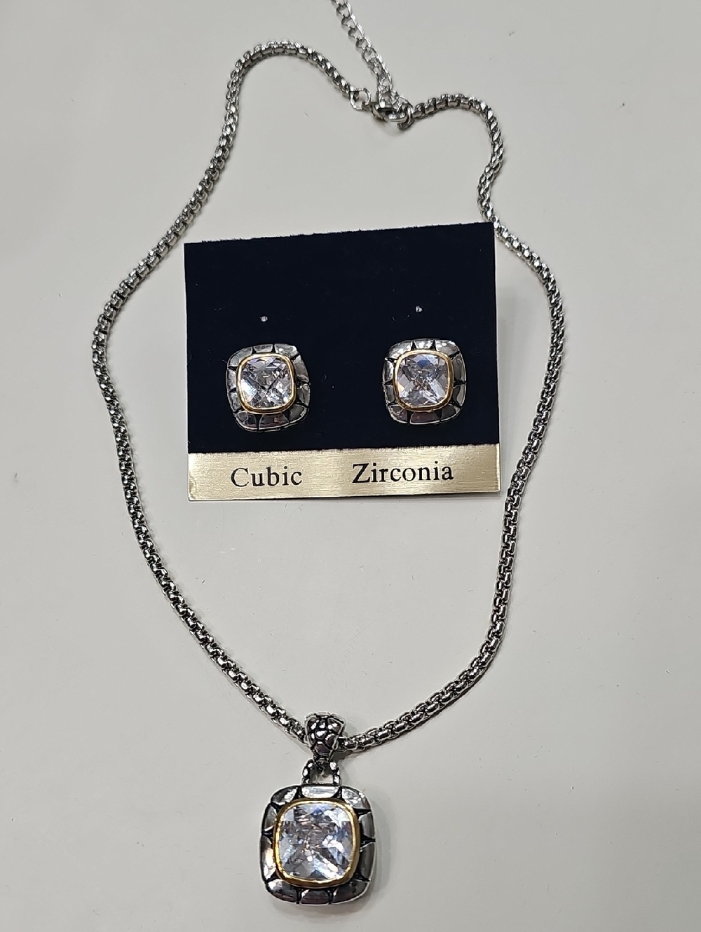 Silver-Tone Pendant Cubic Zirconia Necklace and Earrings Set